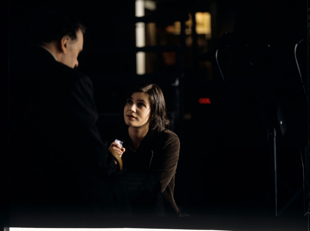 Retired judge Joseph Kern (Jean-Louis Trintignant) and Valentine (Irène Jacob) in the judge's apartment.