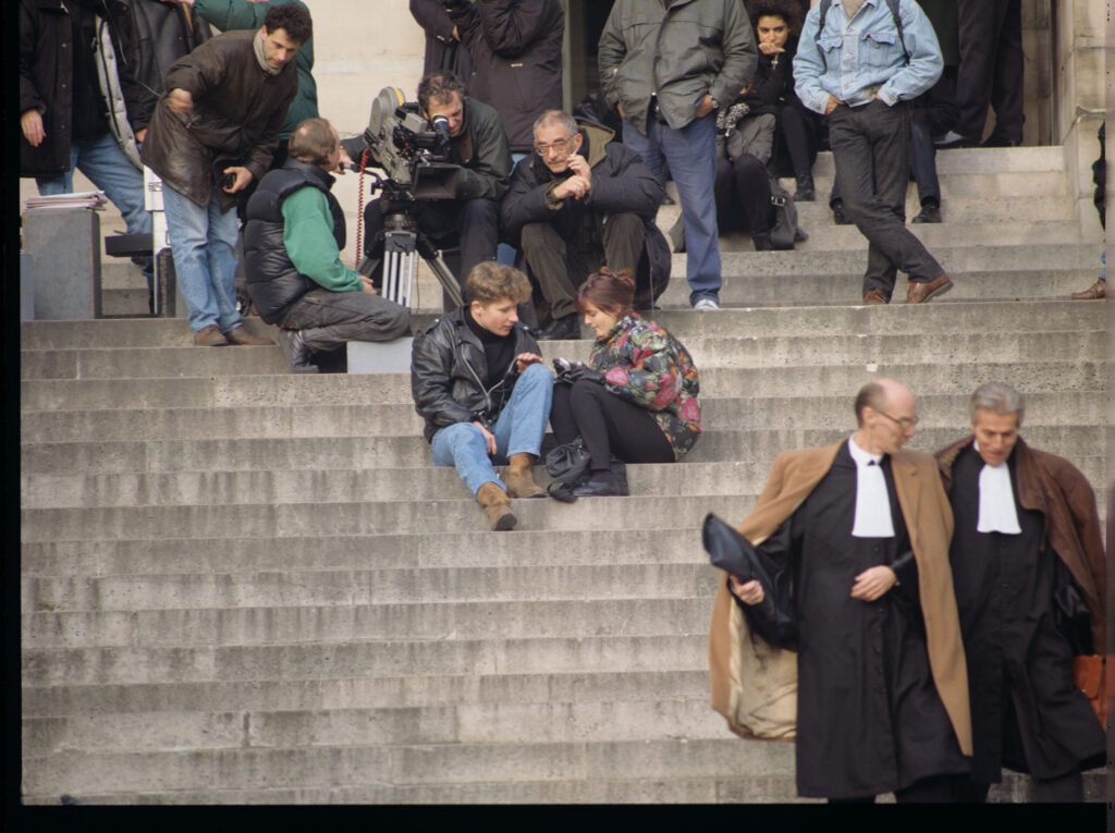 The crew on set on the steps of the Palace of Justice in Payz.