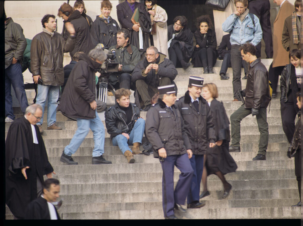 The crew on set on the steps of the Palace of Justice in Payz.