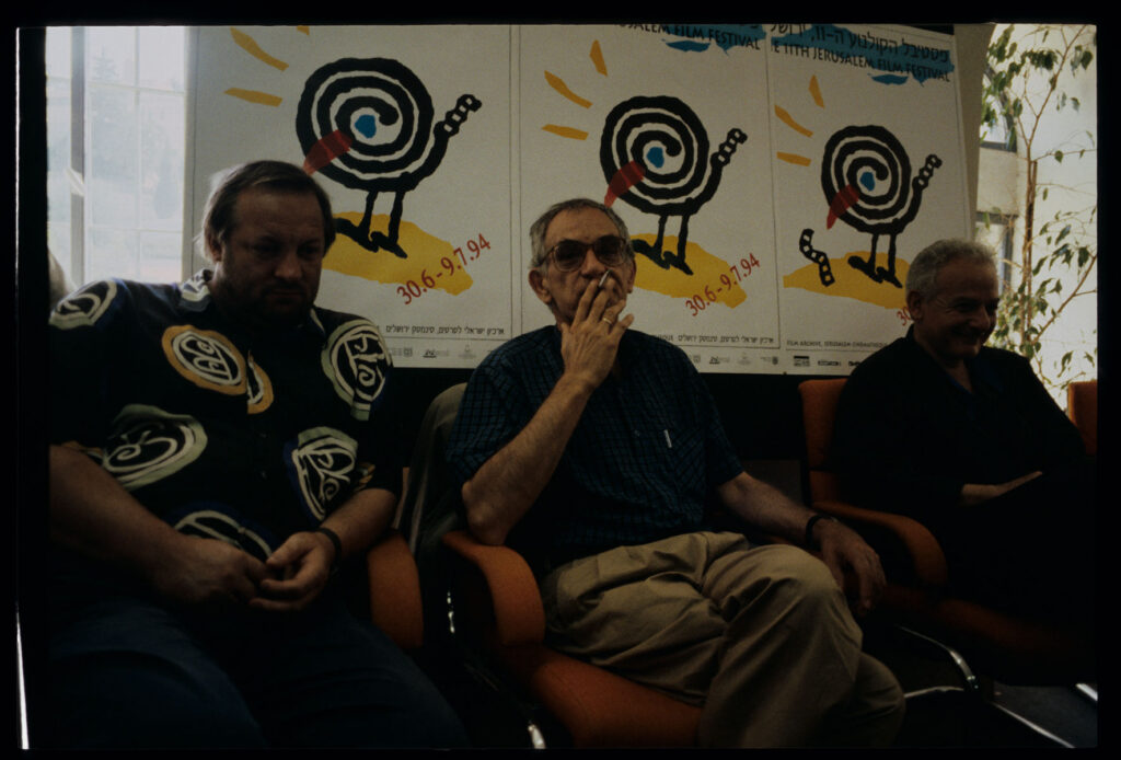 Kieślowski (director), Preisner (music composer), Karmitz (producer) as guests of the 5th Jerusalem Film Festival.