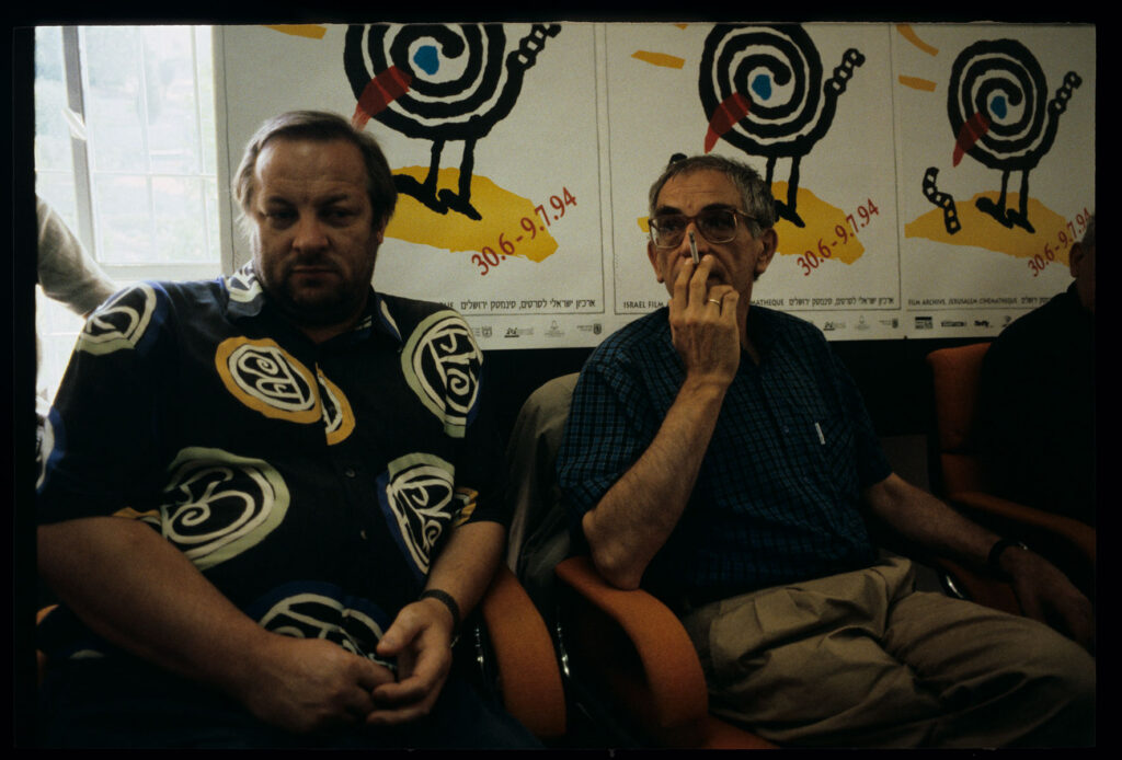 Kieślowski (director), Preisner (music composer), Karmitz (producer) as guests of the 5th Jerusalem Film Festival.