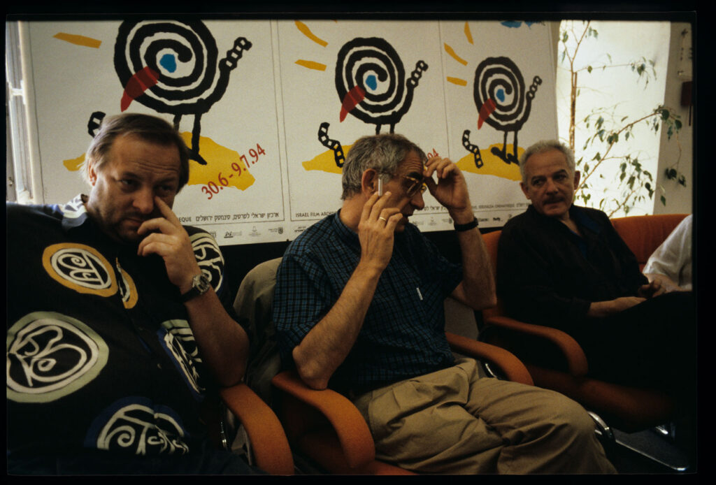 Kieślowski (director), Preisner (music composer), Karmitz (producer) as guests of the 5th Jerusalem Film Festival.