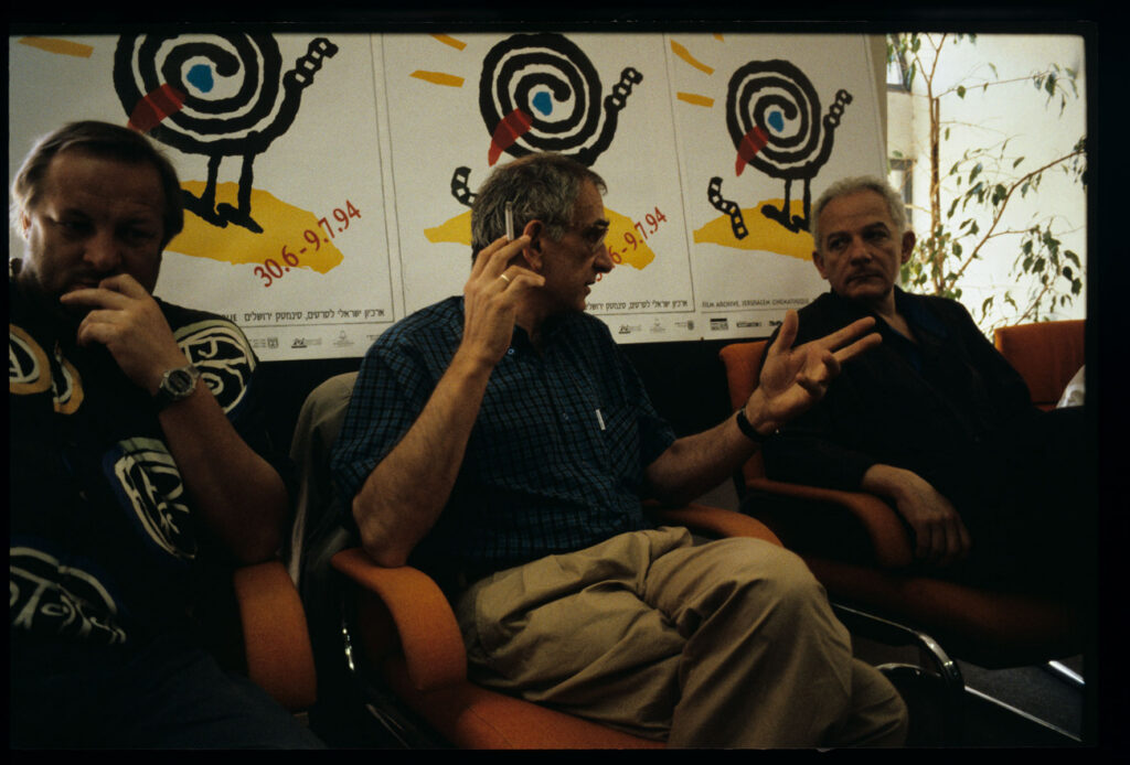 Kieślowski (director), Preisner (music composer), Karmitz (producer) as guests of the 5th Jerusalem Film Festival.