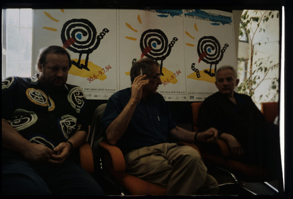 Kieślowski (director), Preisner (music composer), Karmitz (producer) as guests of the 5th Jerusalem Film Festival.