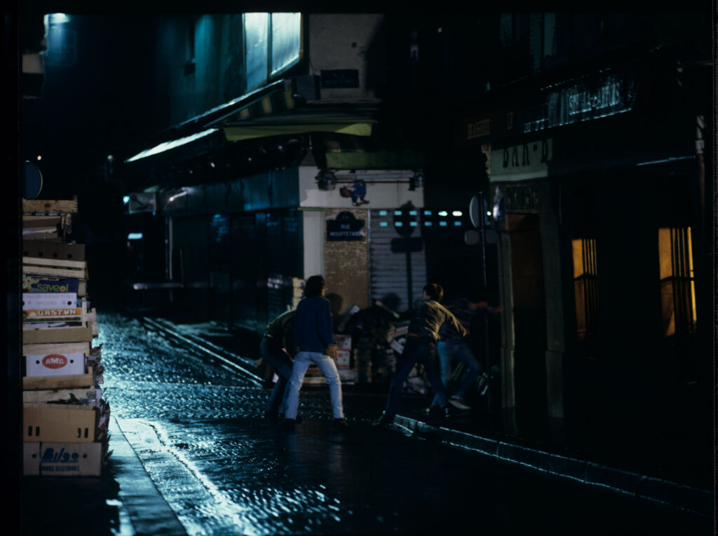 A scene of a street fight which the terrified Julie observes through the window of her apartment.