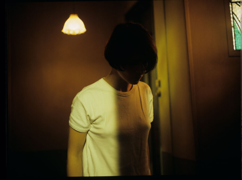 Concerned by noises, Julie (Juliette Binoche) leaves the apartment and accidentally slams the door behind her.