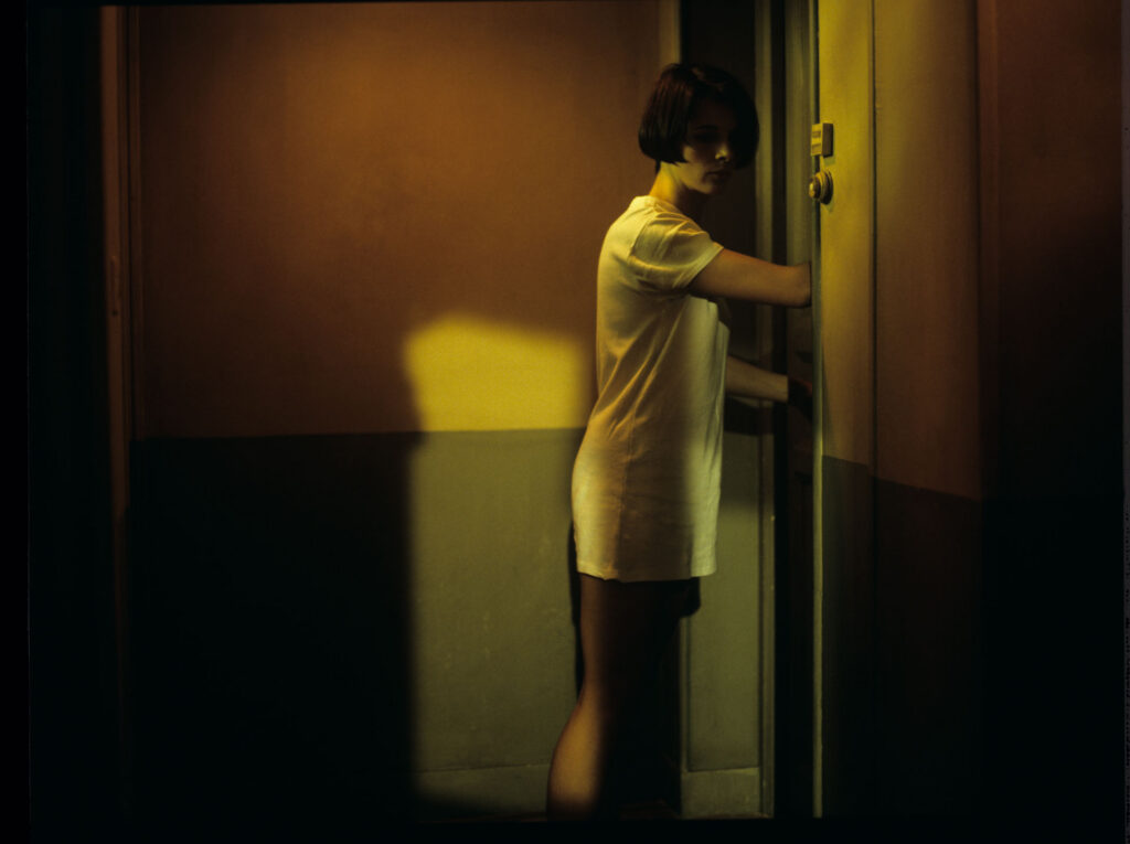 Concerned by noises, Julie (Juliette Binoche) leaves the apartment and accidentally slams the door behind her.