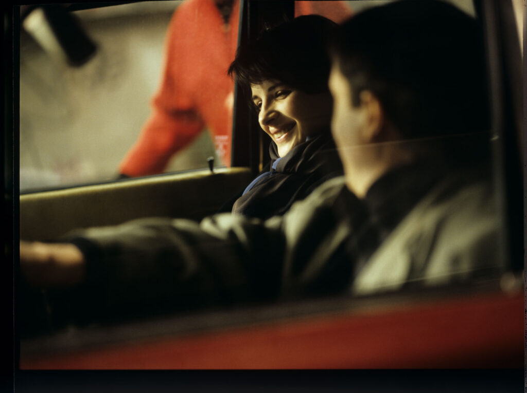 Juliette Binoche (Julie) i Benoit Regent (Olivier) na planie zdjęciowym.