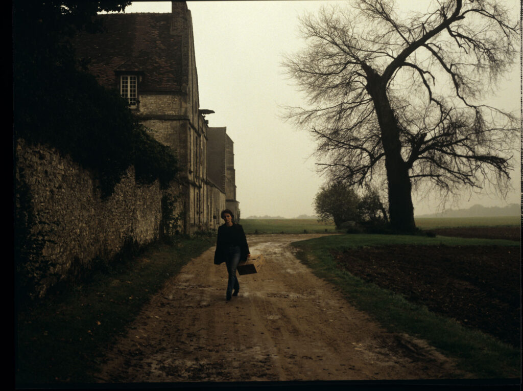 Julie (Juliette Binoche) walking along a stone wall that surrounds the suburban house of her tragically deceased husband.