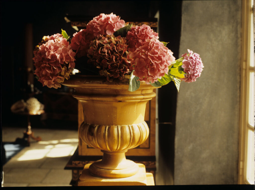 Floral decorations at the de Courcy family residence near Paris.