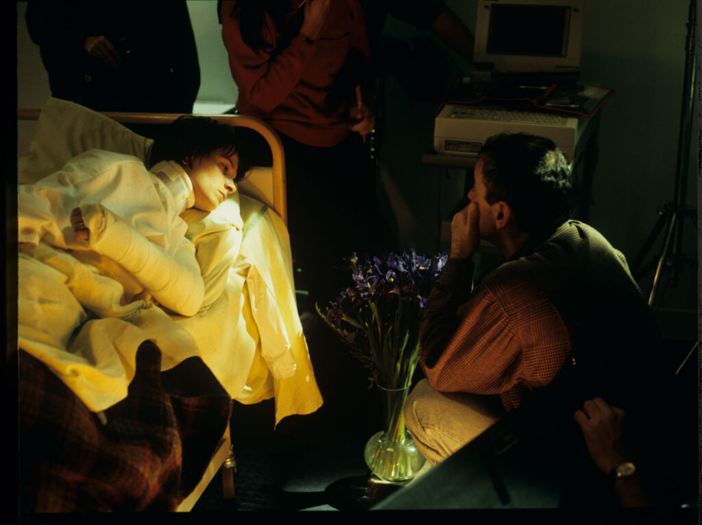 Filming a scene in the hospital room where Julie was admitted after the car accident that killed her husband and daughter.