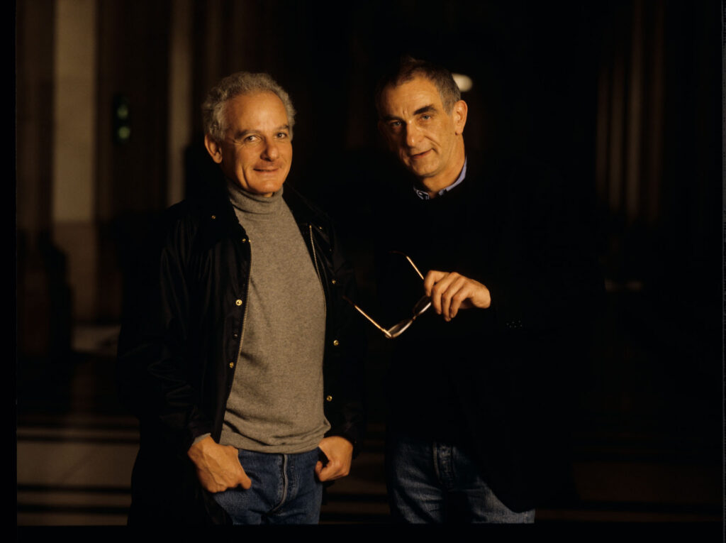 Marin Karmitz (producent) i Krzysztof Kieślowski (reżyser) na planie zdjęciowym.