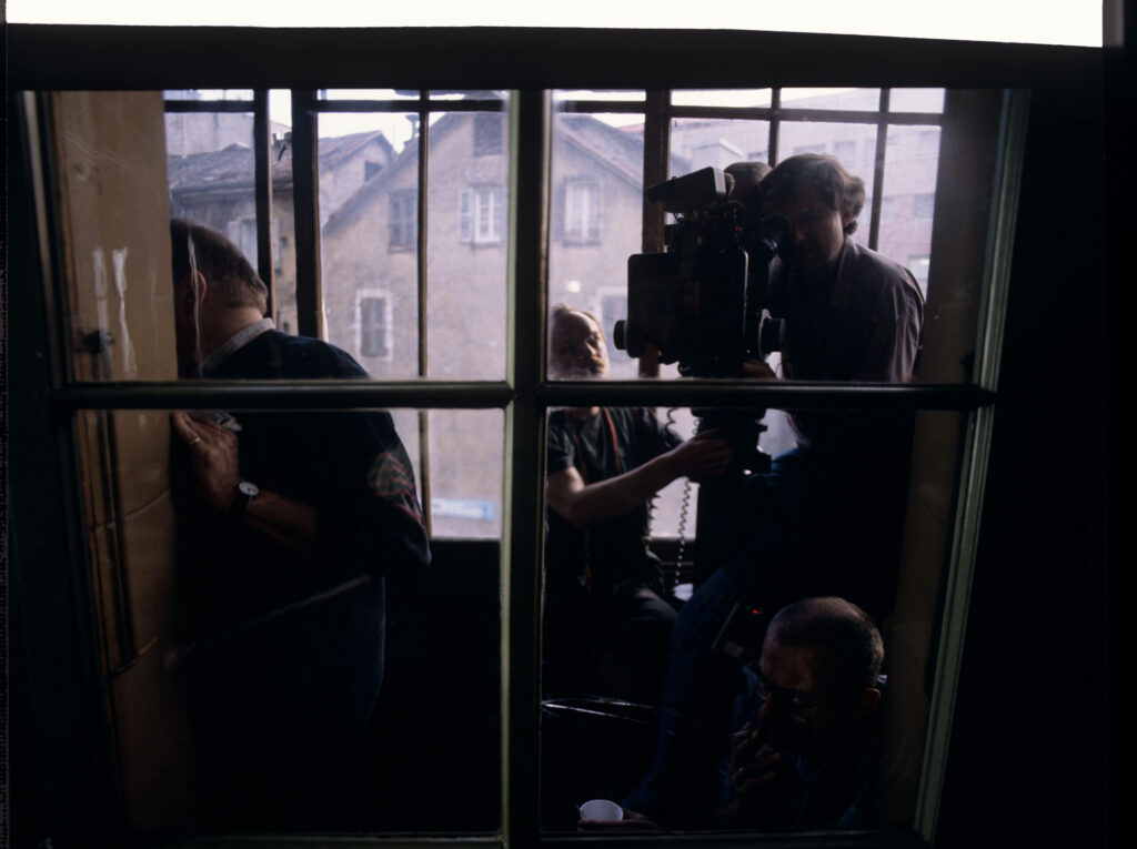 Filming the scene in the stairwell outside Valentine's apartment.
