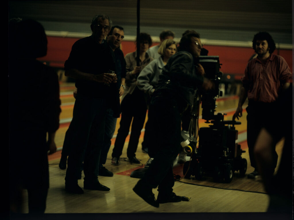 The crew preparing to shoot the bowling alley scene.