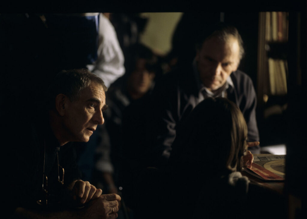 Jacob (as Valentine), Trintignant (judge Joseph Kern), Kieślowski (director) on the set in the judge's apartment.