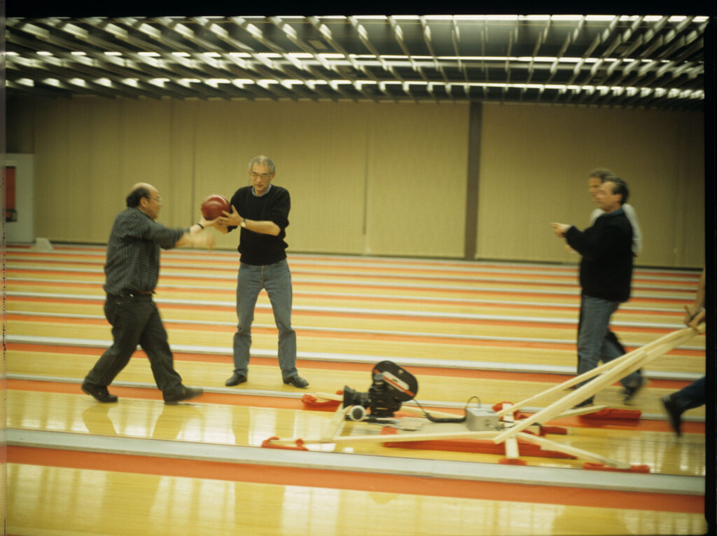 Preparing to film the bowling alley scene.