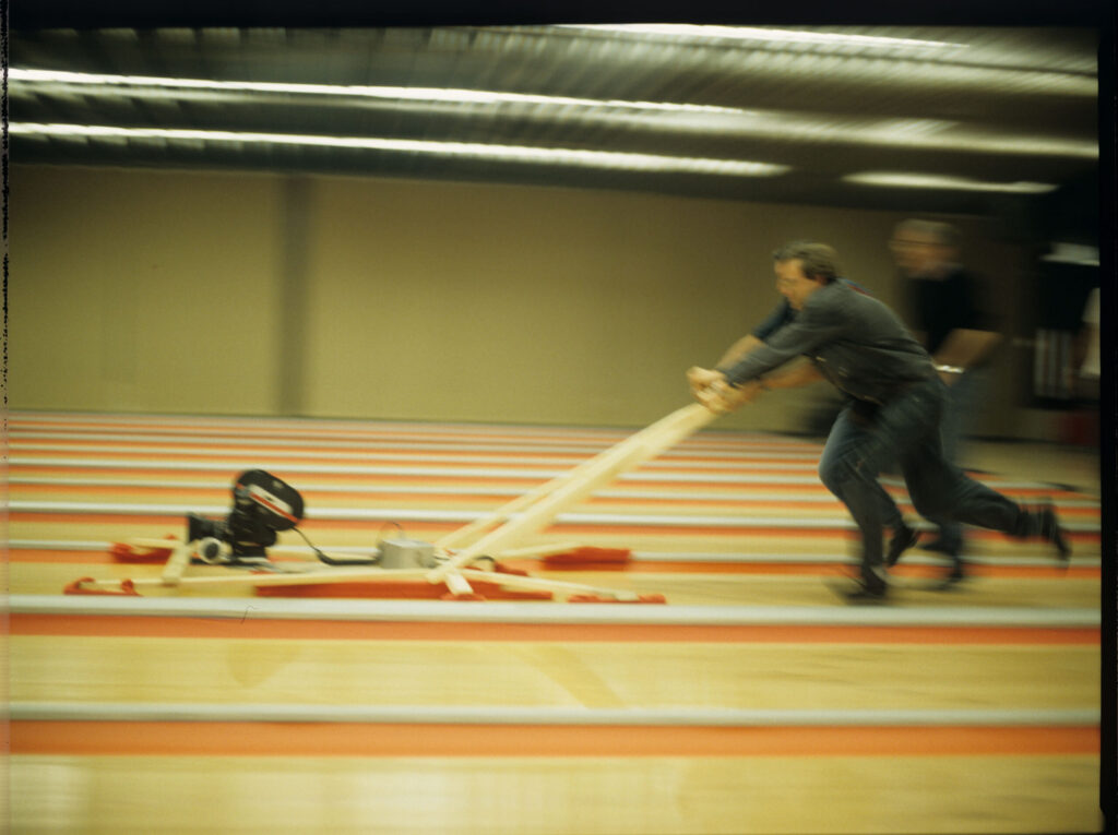 Preparing to film the bowling alley scene.