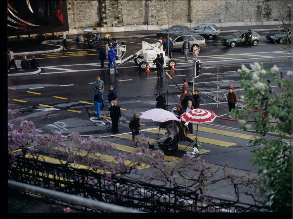 The film crew assembling an advertising billboard with the image of Valentine - the main character of the film.