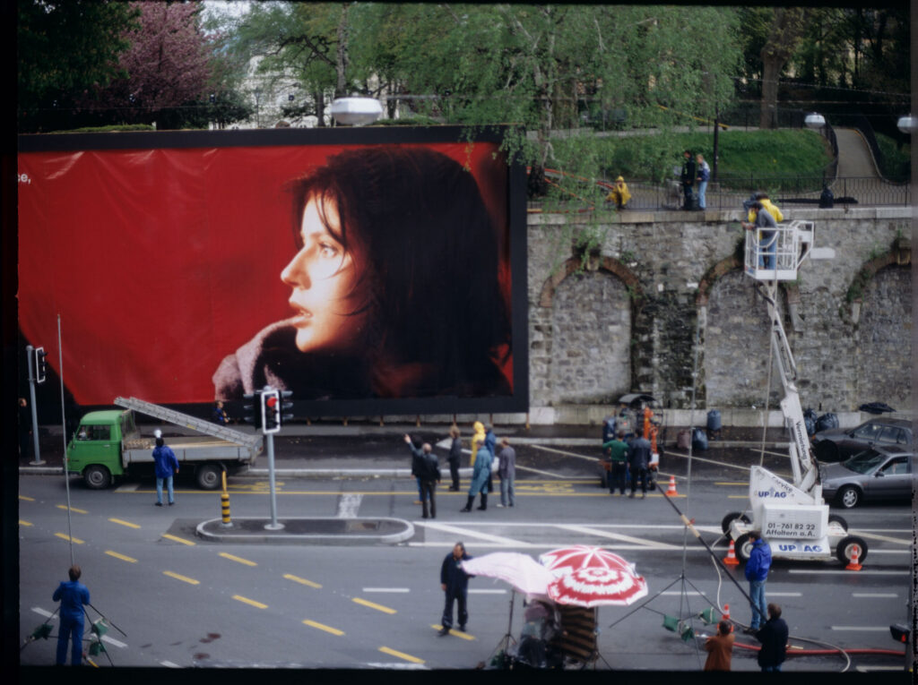 Dismantling of an advertising billboard with the image of Valentine - the main character of the film.