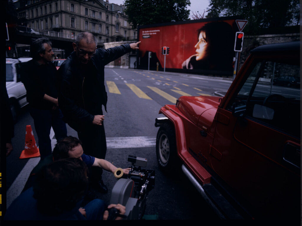 A filming set on a Geneva street, where a billboard with the image of the film's main character was hung.